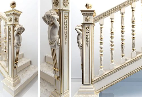 Classic stair railing with decorative balusters and ornamental newel post