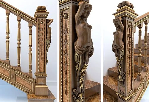 Stair railings with carved balusters and a post in a classic style