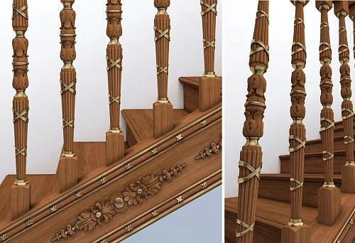 Balustrade 50 with carved pattern and decorative strap &mdash; overall view of the staircase