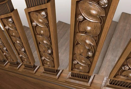 Carved wooden support elements for stair railings with artistic ornamentation