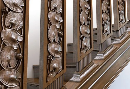 Wooden carved stair railing elements 60&times;60 mm with artistic finish
