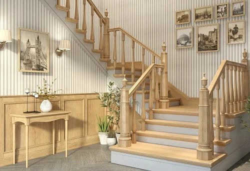 Staircase with wooden balusters in the interior of a country house, light oak