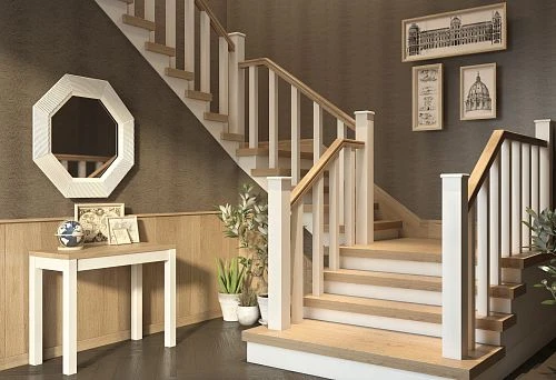 Modern wooden staircase with white balusters and wooden handrails in a light interior