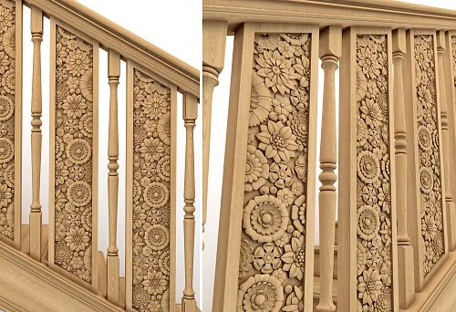 Staircase railing with carved wooden panels and classic balusters