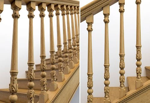 Staircase with Elegant Carved Balusters and Support Elements, Close-up of Decorative Light Wood Balusters