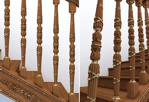 Carved Wooden Balusters with Decorative Inserts, Evenly Installed on Stairs, Close-up of Proper Baluster Spacing