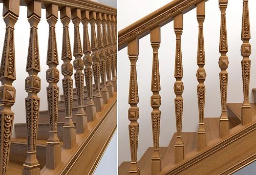 Carved Wooden Balusters on the Staircase, Connected to Handrails Using Professional Fasteners