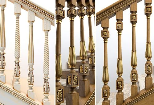 Classic wooden balusters with gilded elements and carving, evenly installed on the staircase