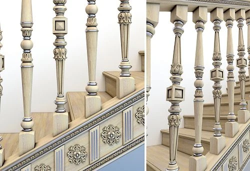 Carved balusters and support posts with decorative inserts and accent elements on the stair construction.
