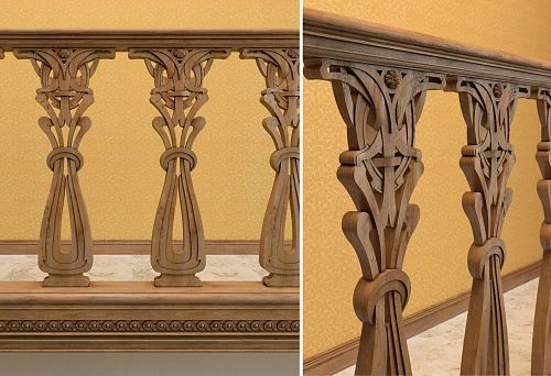 Wooden balustrade with carved decoration against a yellow wall.