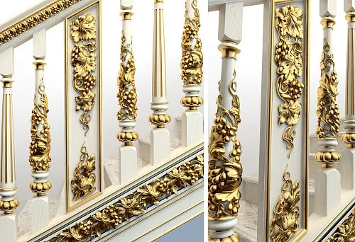 Large white balusters with gilded grapevine ornament on the staircase &mdash; overall view