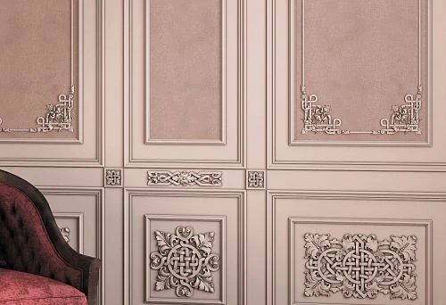 Interior in Russian style with carved decorative panels and ornamentation on walls.