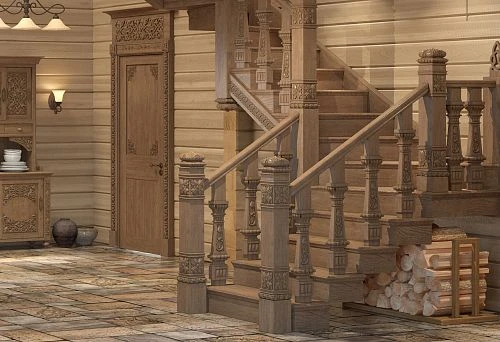 New Russian Style Interior with Wooden Staircase and Carved Decor