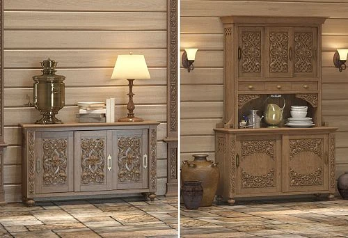 Interior in the style of a Russian manor house with carved buffet and samovar