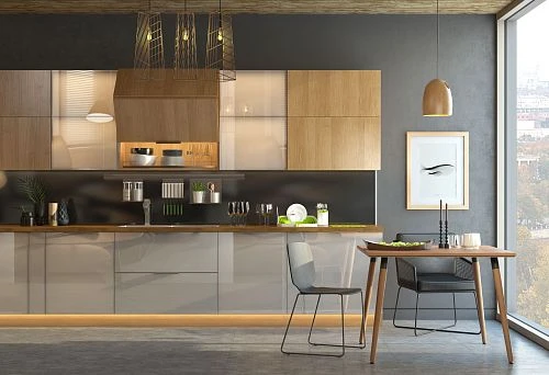 Modern kitchen with wooden table and chairs, stylish cabinets with wood-grain fronts
