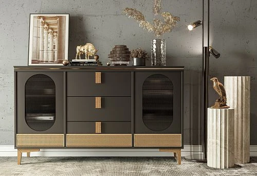Modern chest of drawers in the 2025 style with dark fronts, wooden elements, and inserts of glass and rattan