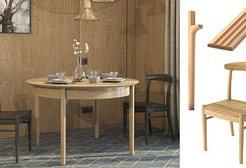 Modern wooden chair and round table in cozy interior