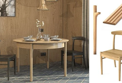 Round kitchen table made of solid wood in an interior with wooden wall cladding