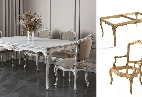 Carved dining table and chairs in solid wood in classic style
