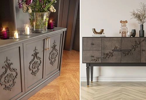 Left &mdash; elegant gray furniture with classic carved ornament and gold hardware
