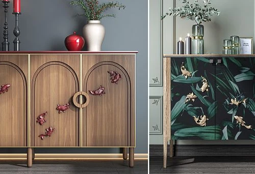 Two designer side tables with expressive facades