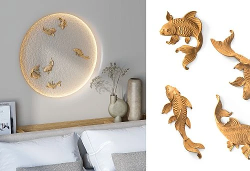 Elegant decor with wooden carved carp figurines.