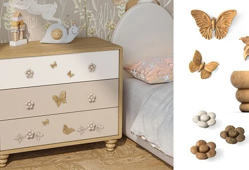 Charming dresser for a child's room with volumetric floral handles and wooden butterflies on the fronts