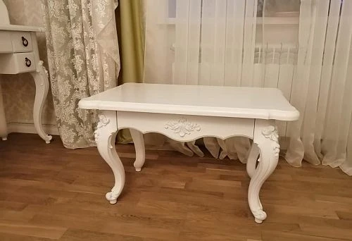 Classic White Wooden Table with Curved Legs and Carved Decor
