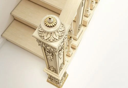Luxurious square staircase column with carved decoration and gilded elements