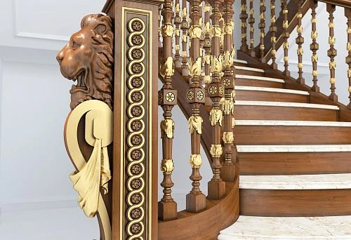 Luxurious wooden staircase with carved balusters and decor