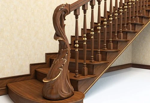 Architectural staircase with massive wooden balusters and carved decoration