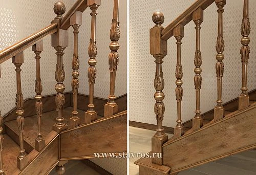 Wooden balusters with carving and gold accents on the second-floor staircase