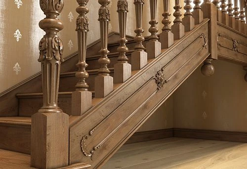 Close-up of large wooden balusters 100x100 with carved elements in classic style on staircase