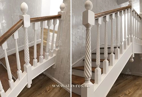 Interior with white turned balusters and wooden handrail in classic style