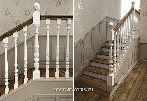 White wooden balusters with carving in a classic interior &mdash; side view