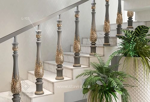 Luxurious Wooden Staircase with Carved Balusters STAVROS L-103 in Interior