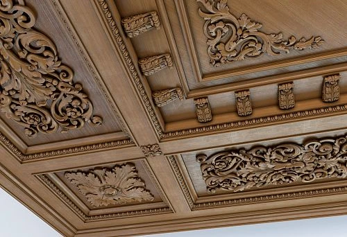 Elegant ceiling design made of natural wood with carving.