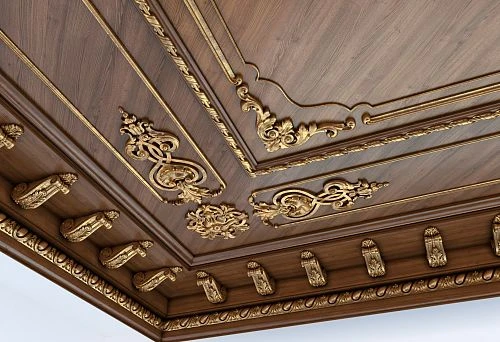Decorative ceiling made of natural wood with hand-carved and stucco details.