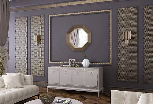 White chest of drawers from solid wood with elegant handles in a modern living room with gray walls