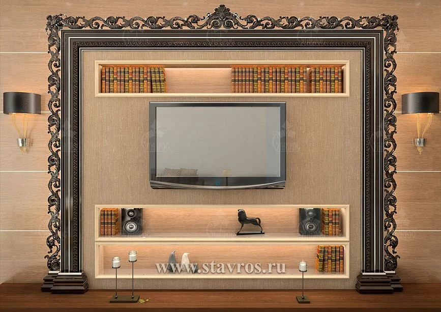 Overall interior view with carved TV frame RTV-001 &ndash; style and luxury