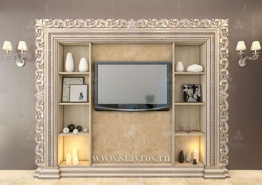 Carved wooden frame RTV-002 with TV and built-in shelves