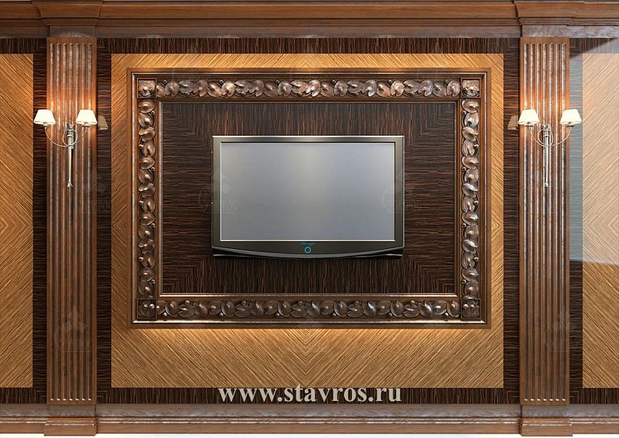 Luxurious TV area decoration with carved frame RTV-003 made of solid wood, integrated into a wall panel.