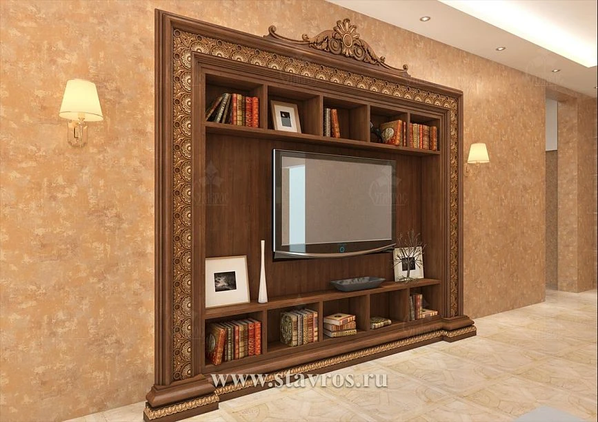 Carved TV frame RTV-004 in an interior with warm tones and built-in shelves