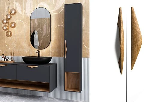 Modern bathroom interior with a vanity and dark-colored tall cabinet