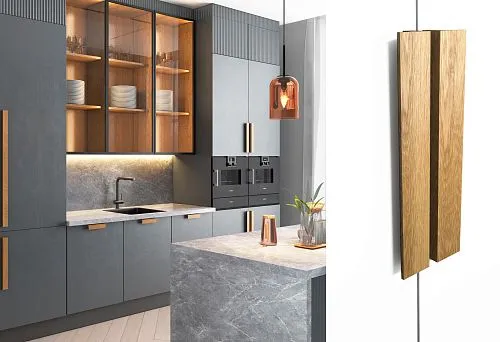 Modern kitchen with gray facades and long wooden handles