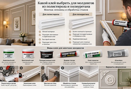 Which adhesive to choose for polystyrene and polyurethane moldings: installation of stucco molding and treatment of joints