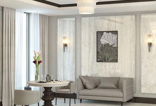 Modern living room 2025: stylish sofa with cushions, round dining table