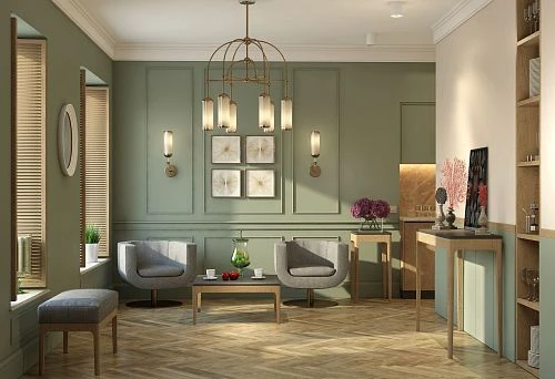 Modern interior with wooden furniture: coffee tables, console tables, upholstered furniture