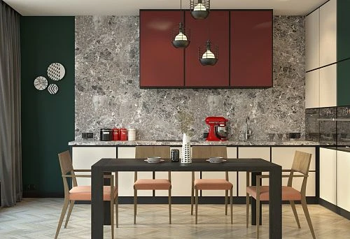 Modern kitchen with a rectangular solid wood table in dark color and chairs with soft seats