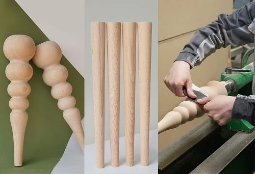 Set of wooden furniture legs, ready for installation.